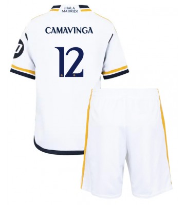 Real Madrid Eduardo Camavinga #12 Hemmakläder Barn 2023-24 Kortärmad (+ Korta byxor)